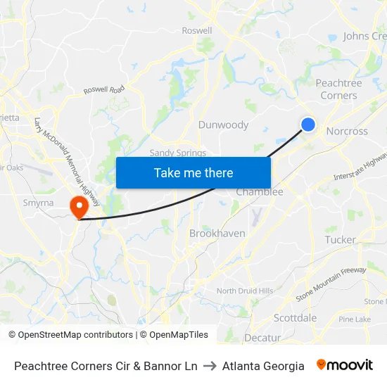 Peachtree Corners Cir & Bannor Ln to Atlanta Georgia map
