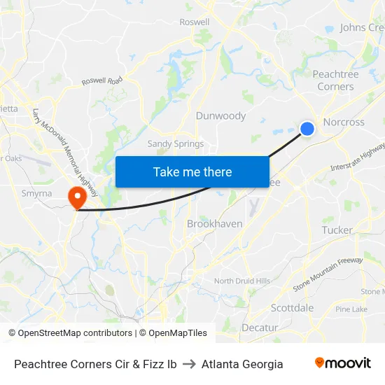 Peachtree Corners Cir & Fizz Ib to Atlanta Georgia map