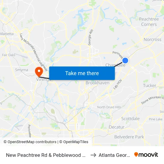 New Peachtree Rd & Pebblewood Apts to Atlanta Georgia map