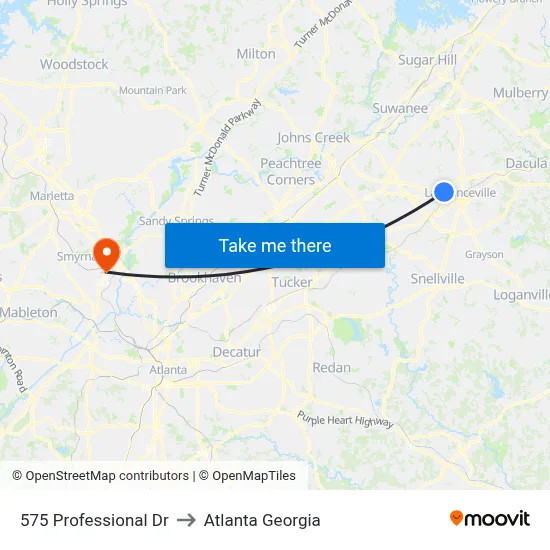 575 Professional Dr to Atlanta Georgia map