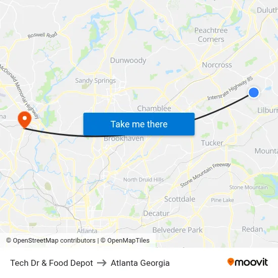 Tech Dr & Food Depot to Atlanta Georgia map