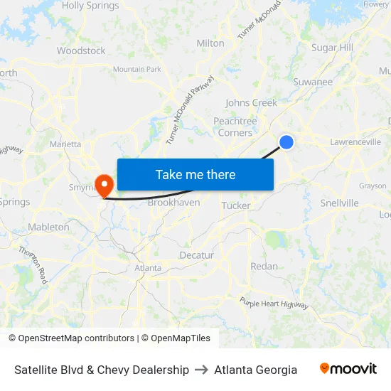 Satellite Blvd & Chevy Dealership to Atlanta Georgia map