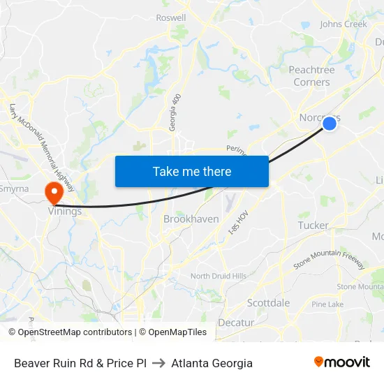 Beaver Ruin Rd & Price Pl to Atlanta Georgia map