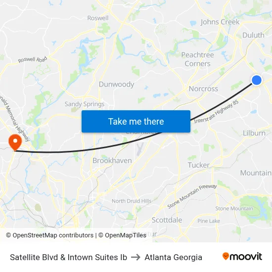 Satellite Blvd & Intown Suites Ib to Atlanta Georgia map