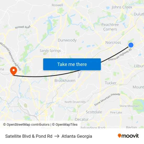 Satellite Blvd & Pond Rd to Atlanta Georgia map