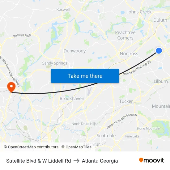 Satellite Blvd & W Liddell Rd to Atlanta Georgia map