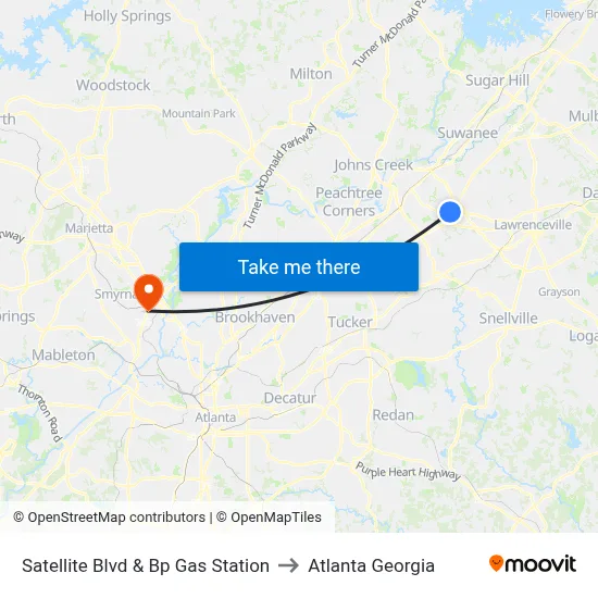 Satellite Blvd & Bp Gas Station to Atlanta Georgia map