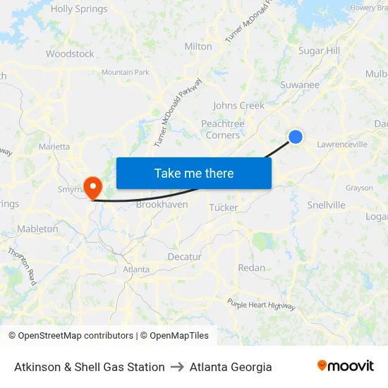 Atkinson & Shell Gas Station to Atlanta Georgia map