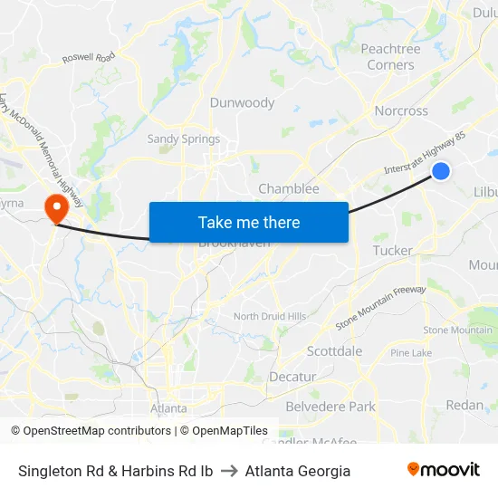 Singleton Rd & Harbins Rd Ib to Atlanta Georgia map