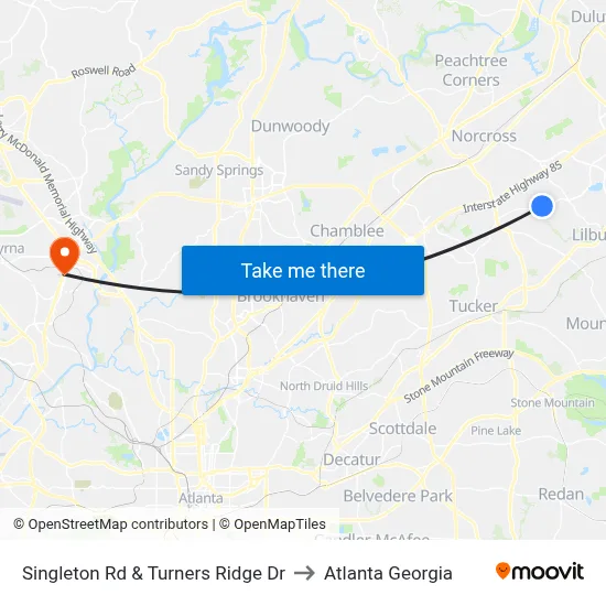 Singleton Rd & Turners Ridge Dr to Atlanta Georgia map