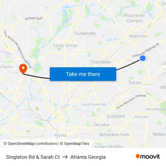 Singleton Rd & Sarah Ct to Atlanta Georgia map