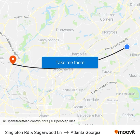 Singleton Rd & Sugarwood Ln to Atlanta Georgia map