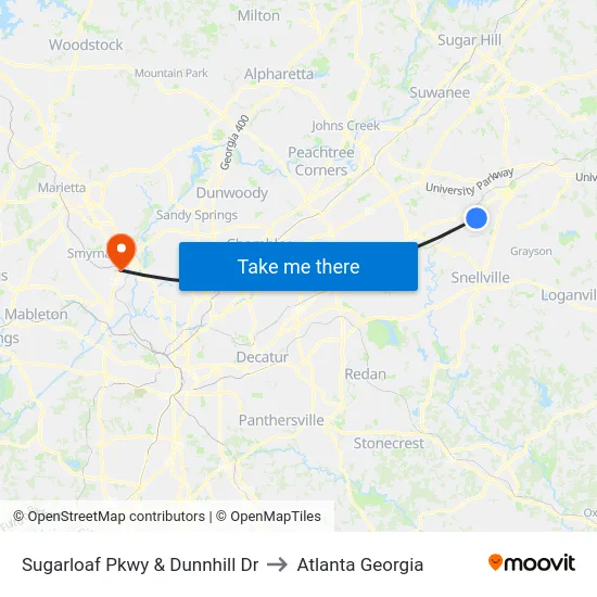 Sugarloaf Pkwy & Dunnhill Dr to Atlanta Georgia map