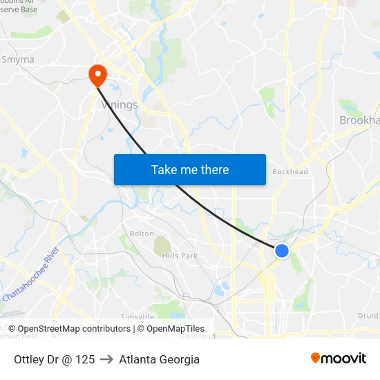 Ottley Dr @ 125 to Atlanta Georgia map
