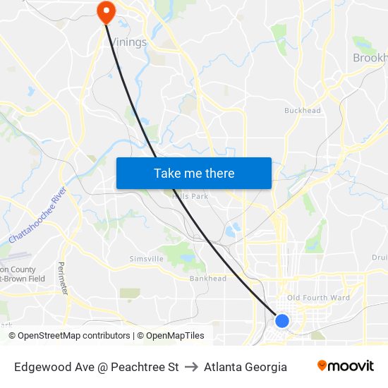Edgewood Ave @ Peachtree St to Atlanta Georgia map