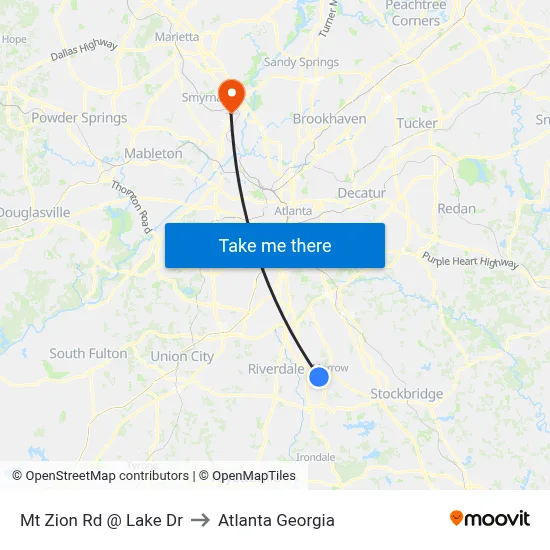 Mt Zion Rd @ Lake Dr to Atlanta Georgia map
