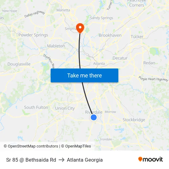 Sr 85 @ Bethsaida Rd to Atlanta Georgia map