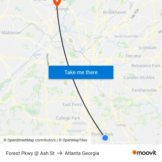 Forest Pkwy @ Ash St to Atlanta Georgia map