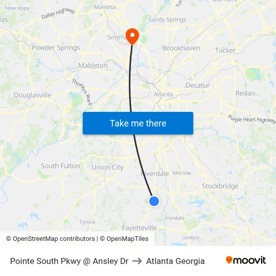 Pointe South Pkwy @ Ansley Dr to Atlanta Georgia map