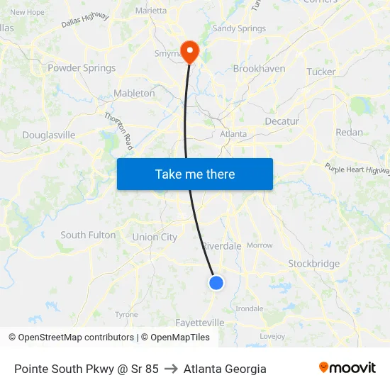 Pointe South Pkwy @ Sr 85 to Atlanta Georgia map