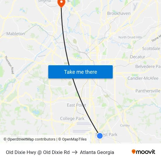 Old Dixie Hwy @ Old Dixie Rd to Atlanta Georgia map