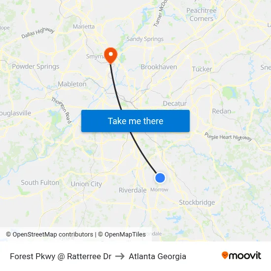 Forest Pkwy @ Ratterree Dr to Atlanta Georgia map