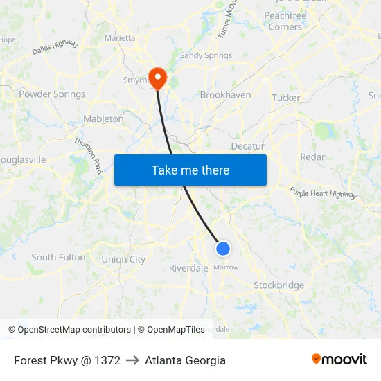 Forest Pkwy @ 1372 to Atlanta Georgia map
