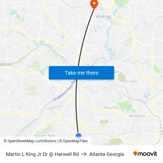 Martin L King Jr Dr @ Harwell Rd to Atlanta Georgia map