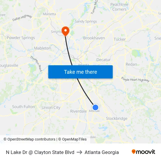 N Lake Dr @ Clayton State Blvd to Atlanta Georgia map