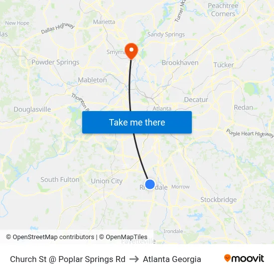 Church St @ Poplar Springs Rd to Atlanta Georgia map
