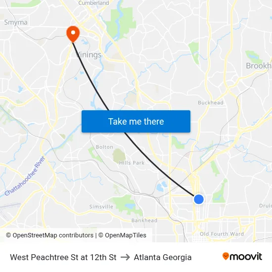 West Peachtree St at 12th St to Atlanta Georgia map