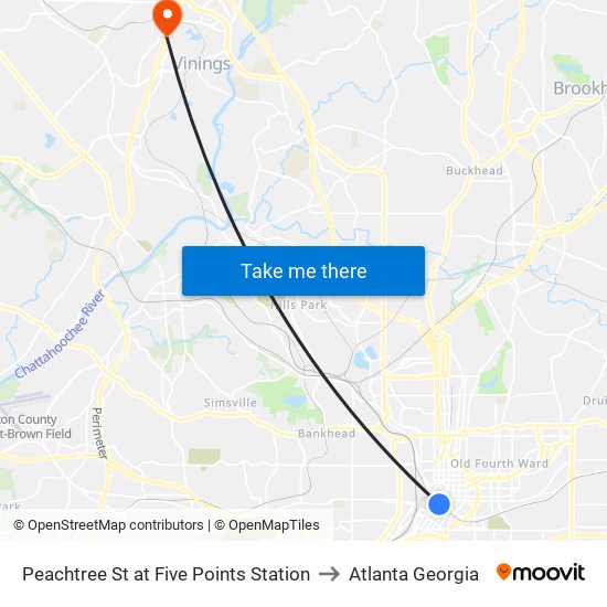 Peachtree St at Five Points Station to Atlanta Georgia map