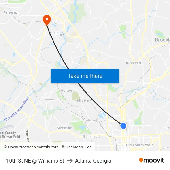 10th St NE @ Williams St to Atlanta Georgia map