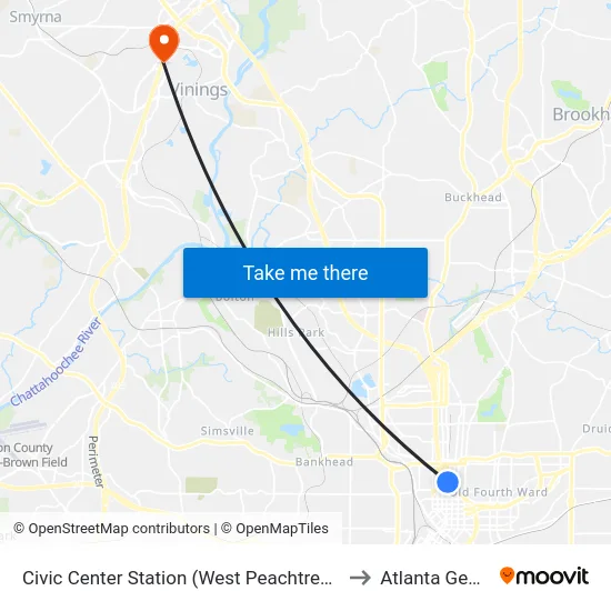 Civic Center Station (West Peachtreet Street) to Atlanta Georgia map