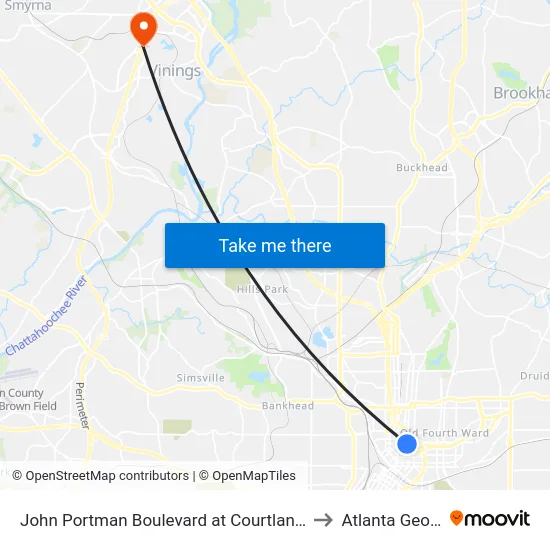 John Portman Boulevard at Courtland Street to Atlanta Georgia map