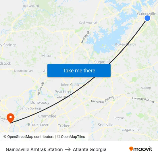 Gainesville Amtrak Station to Atlanta Georgia map