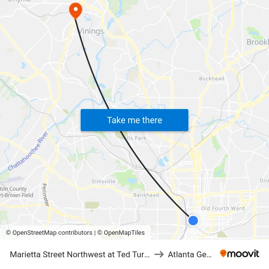 Marietta Street Northwest at Ted Turner Drive to Atlanta Georgia map