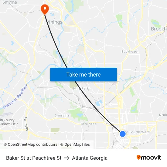 Baker St at Peachtree St to Atlanta Georgia map