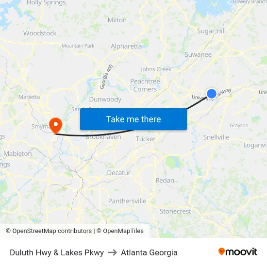 Duluth Hwy & Lakes Pkwy to Atlanta Georgia map