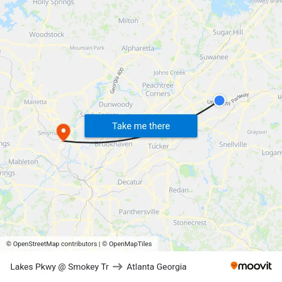 Lakes Pkwy @ Smokey Tr to Atlanta Georgia map