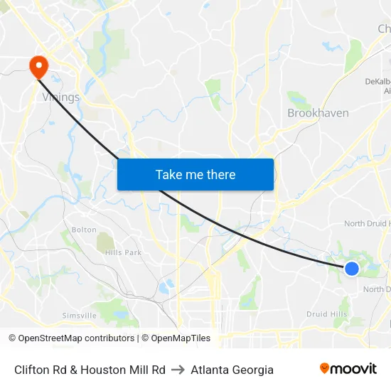 Clifton Rd & Houston Mill Rd to Atlanta Georgia map