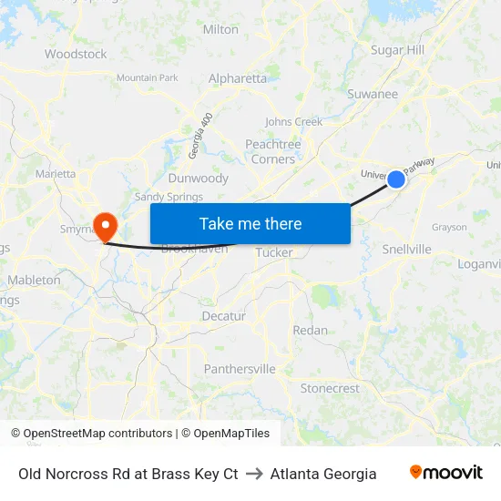 Old Norcross Rd at Brass Key Ct to Atlanta Georgia map