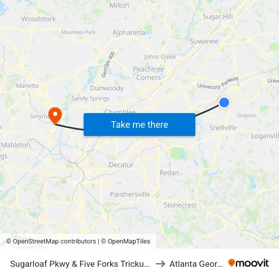 Sugarloaf Pkwy & Five Forks Trickum Rd to Atlanta Georgia map
