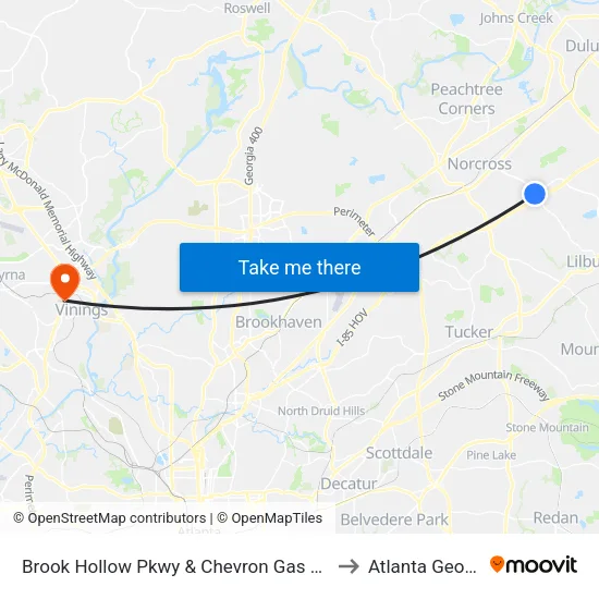 Brook Hollow Pkwy & Chevron Gas Station to Atlanta Georgia map