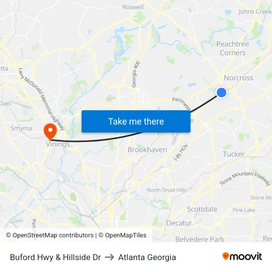 Buford Hwy & Hillside Dr to Atlanta Georgia map