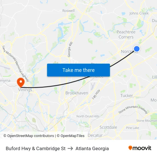Buford Hwy & Cambridge St to Atlanta Georgia map