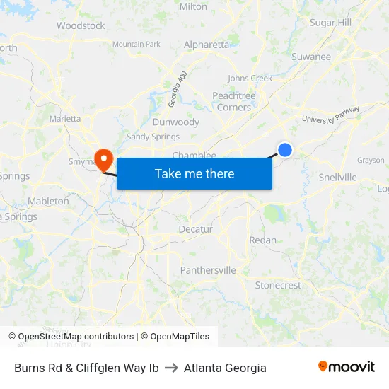 Burns Rd & Cliffglen Way Ib to Atlanta Georgia map