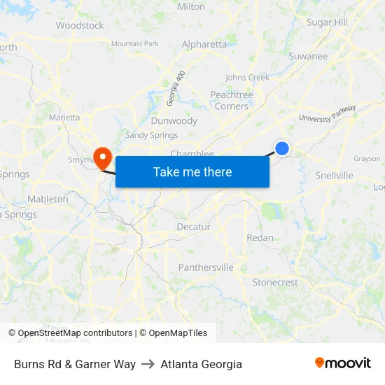 Burns Rd &  Garner Way to Atlanta Georgia map