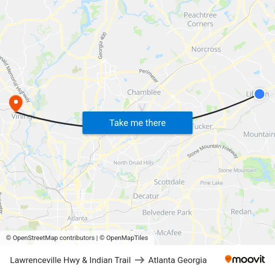 Lawrenceville Hwy & Indian Trail to Atlanta Georgia map