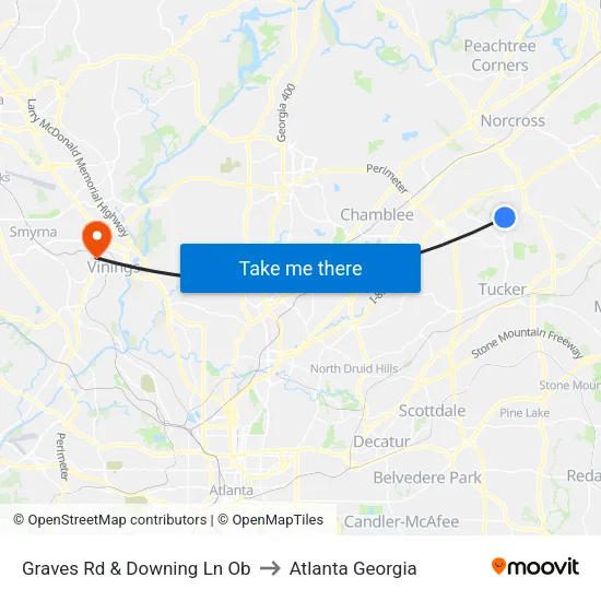 Graves Rd & Downing Ln Ob to Atlanta Georgia map